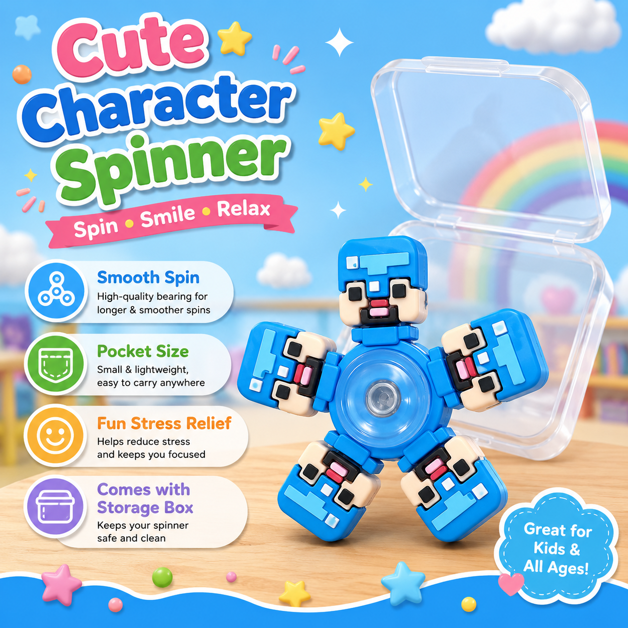 Mini Cartoon Fidget Spinner Toy with Storage Box 2Pcs – Assorted Character Hand Spinner Stress Relief Spinning Toy for Kids – Pocket Size Gift Toy - Image 3