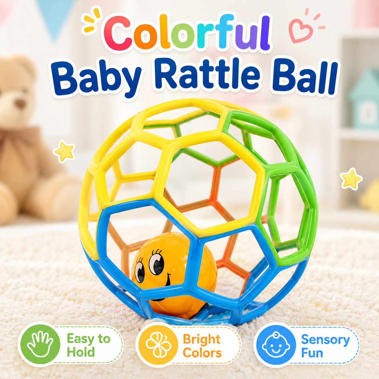 Baby Rattle Ball Toy – Colorful Grip Ball with Smiley Face Rattle for Babies & Toddlers | Sensory Rolling Toy - Image 6