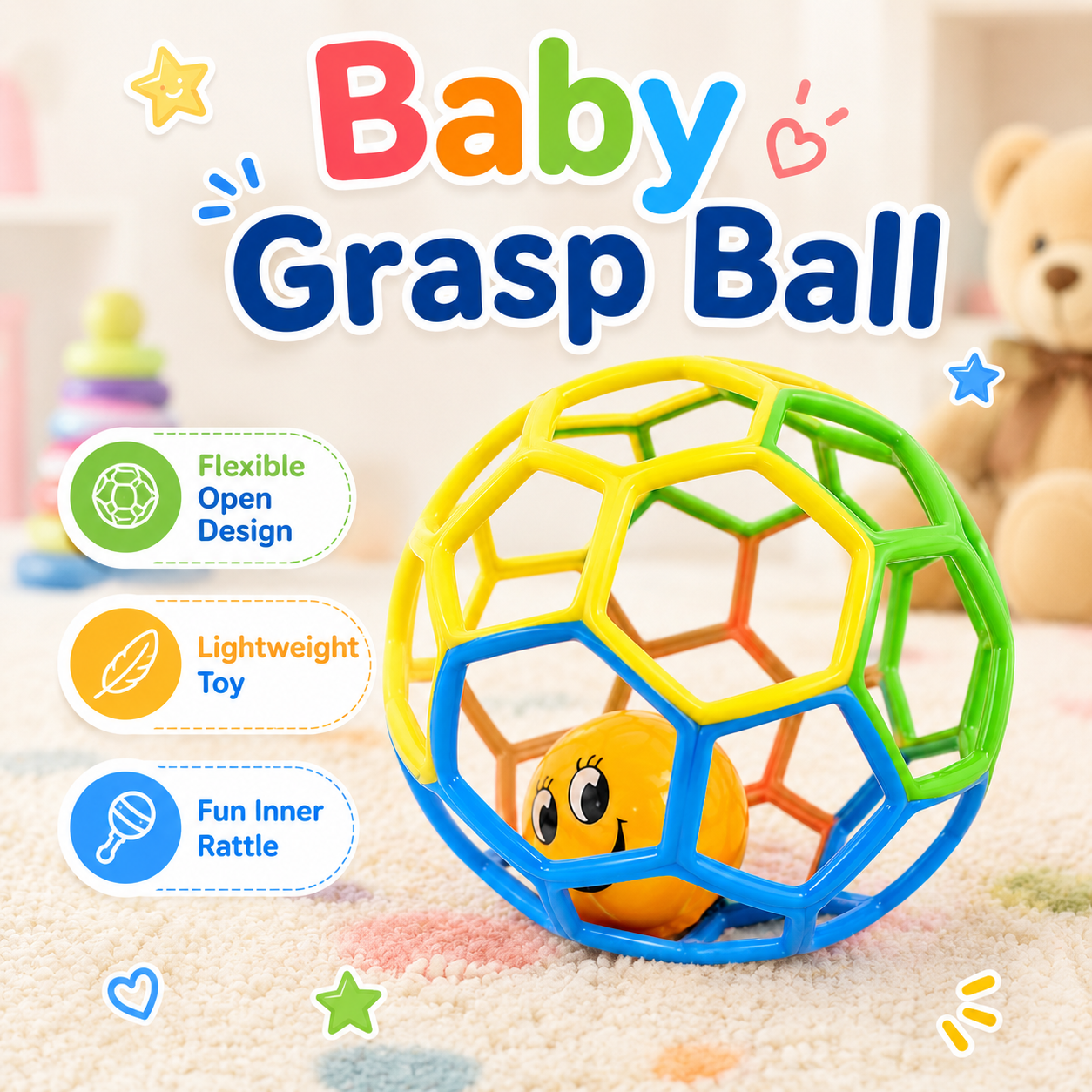 Baby Rattle Ball Toy – Colorful Grip Ball with Smiley Face Rattle for Babies & Toddlers | Sensory Rolling Toy - Image 5
