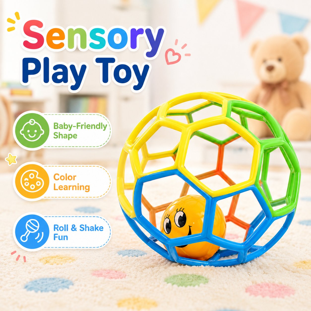 Baby Rattle Ball Toy – Colorful Grip Ball with Smiley Face Rattle for Babies & Toddlers | Sensory Rolling Toy - Image 2