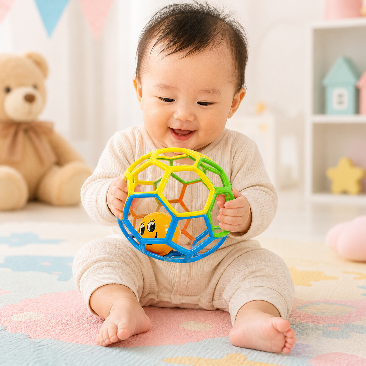 Baby Rattle Ball Toy – Colorful Grip Ball with Smiley Face Rattle for Babies & Toddlers | Sensory Rolling Toy - Image 3