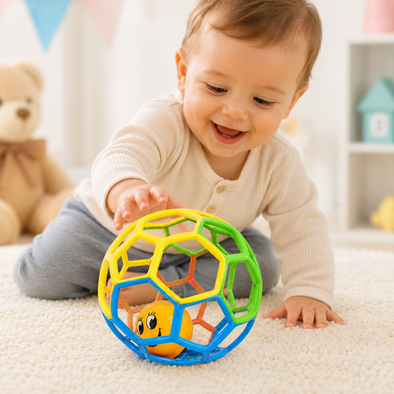 Baby Rattle Ball Toy – Colorful Grip Ball with Smiley Face Rattle for Babies & Toddlers | Sensory Rolling Toy - Image 4