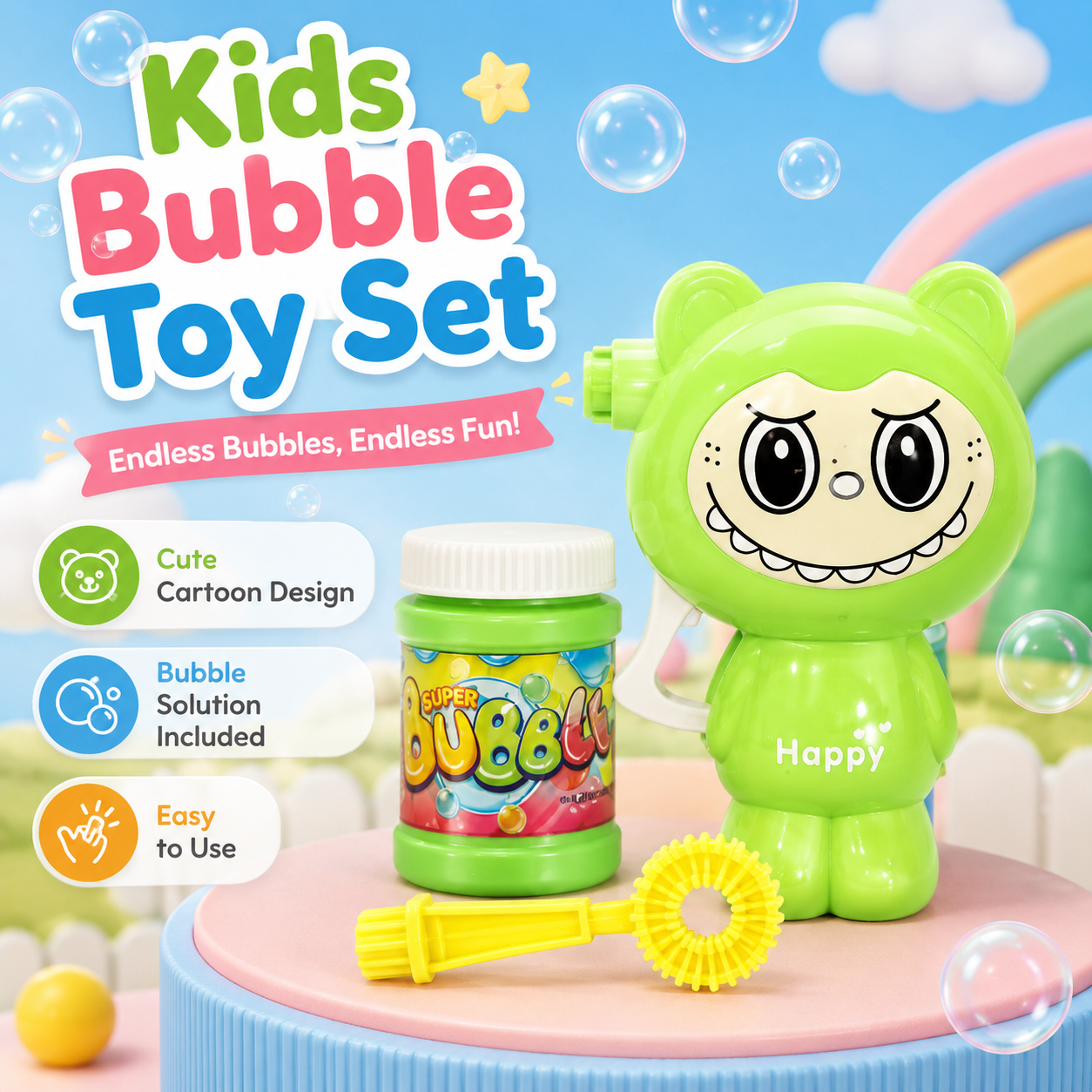 Kids Cartoon Bear Bubble Blower Toy Set with Bubble Solution – Manual Bubble Maker Outdoor Play Toy for Boys & Girls 3+ Years - Image 6