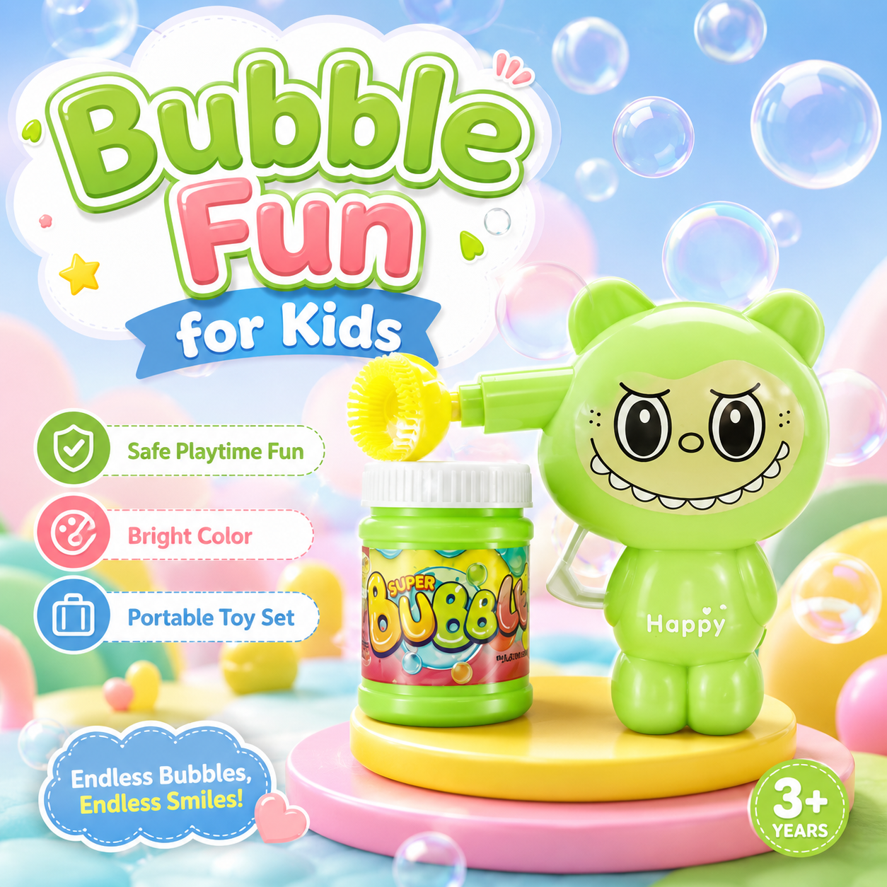 Kids Cartoon Bear Bubble Blower Toy Set with Bubble Solution – Manual Bubble Maker Outdoor Play Toy for Boys & Girls 3+ Years - Image 7