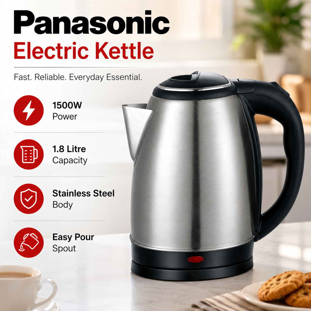 Panasonic Electric Kettle 1.8L 1500W – Stainless Steel Cordless Water Boiler, Fast Heating Tea Kettle for Home, Office & Kitchen Use - Image 7