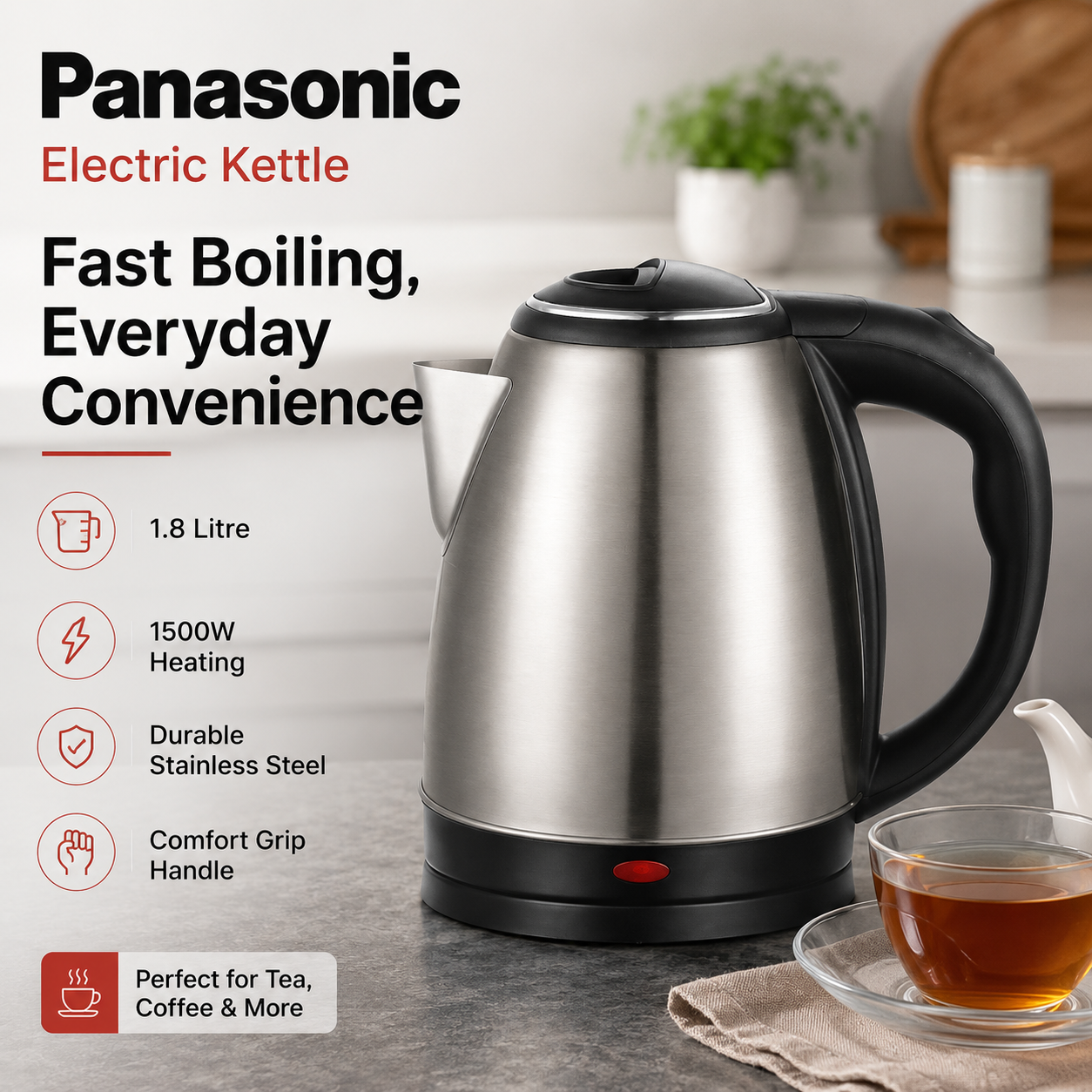 Panasonic Electric Kettle 1.8L 1500W – Stainless Steel Cordless Water Boiler, Fast Heating Tea Kettle for Home, Office & Kitchen Use - Image 6