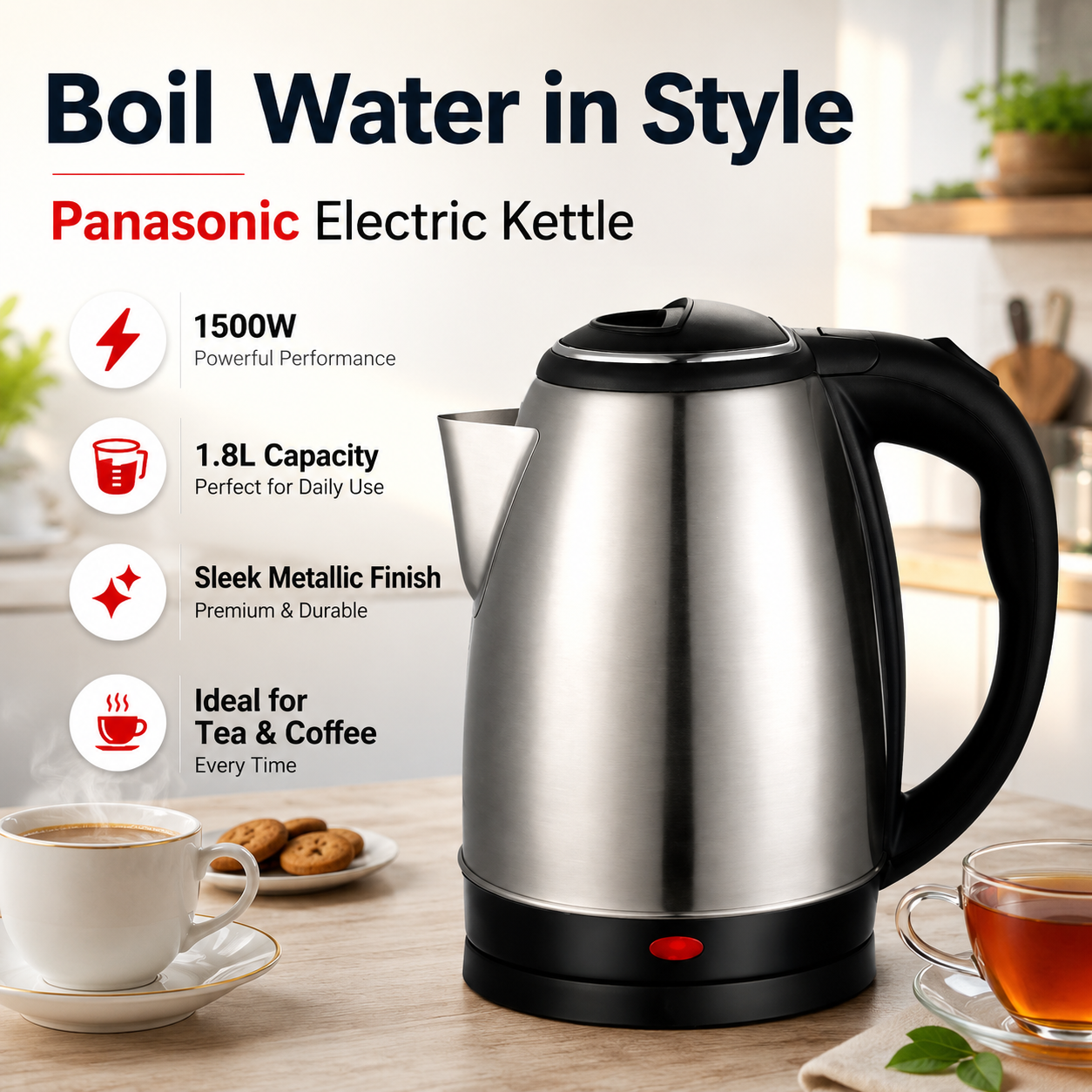 Panasonic Electric Kettle 1.8L 1500W – Stainless Steel Cordless Water Boiler, Fast Heating Tea Kettle for Home, Office & Kitchen Use - Image 5