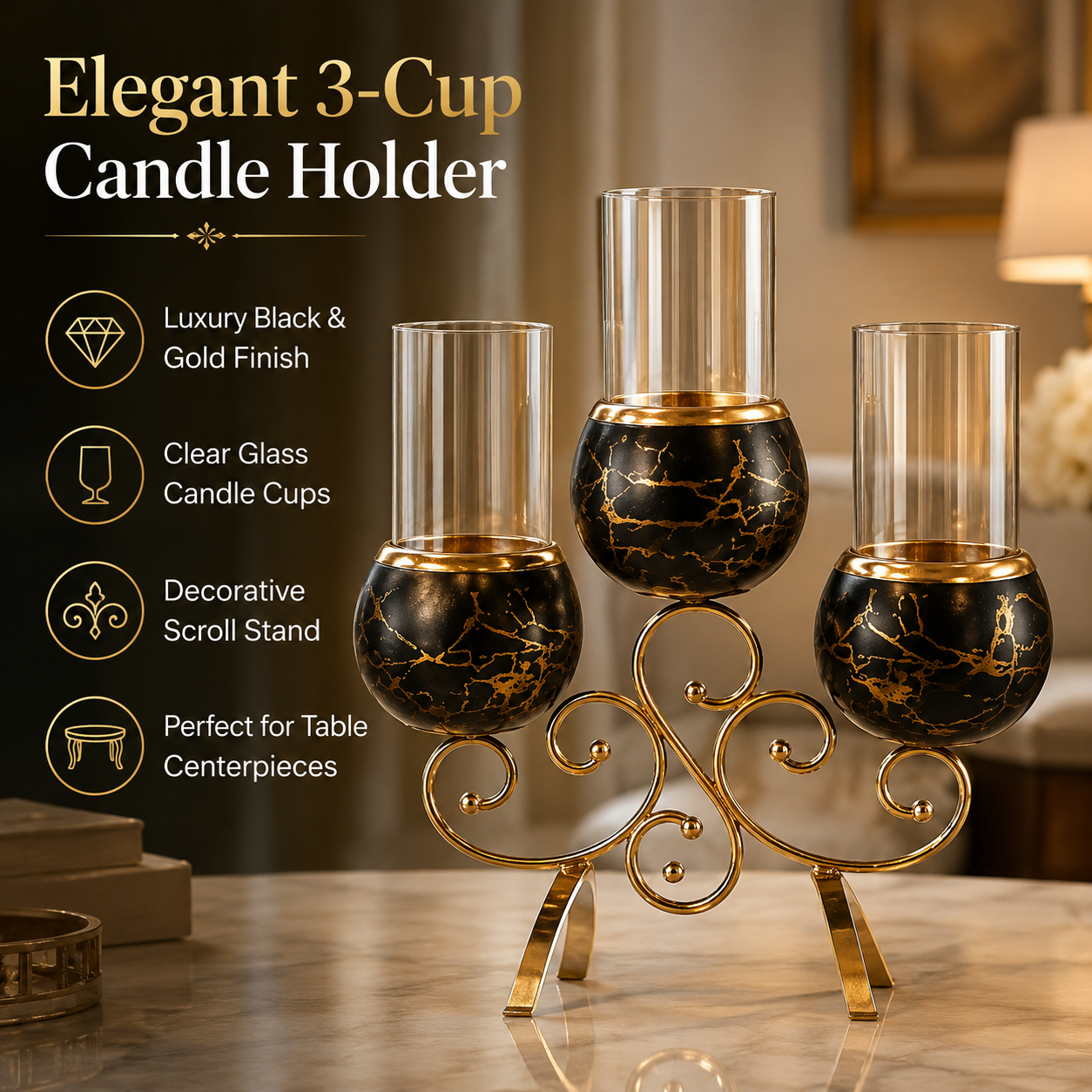 3 Cup Decorative Candle Stand with Glass Holders – Black & Gold Metal Candle Holder for Home Decor, Table Centerpiece & Gift - Image 3