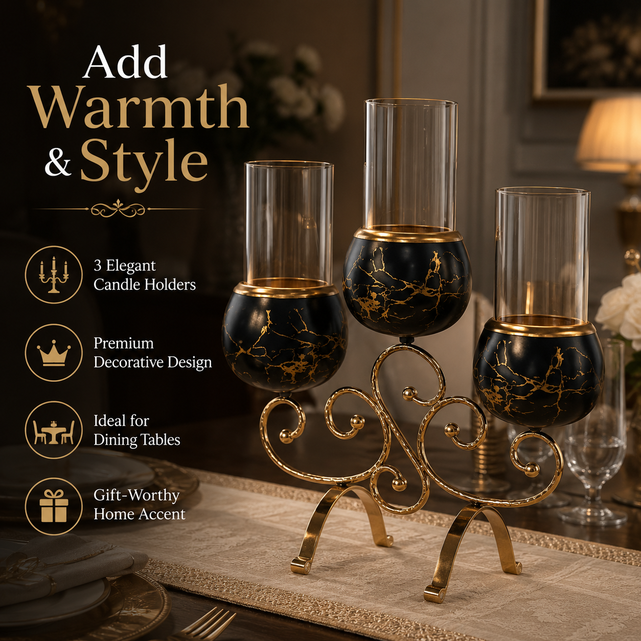 3 Cup Decorative Candle Stand with Glass Holders – Black & Gold Metal Candle Holder for Home Decor, Table Centerpiece & Gift - Image 8