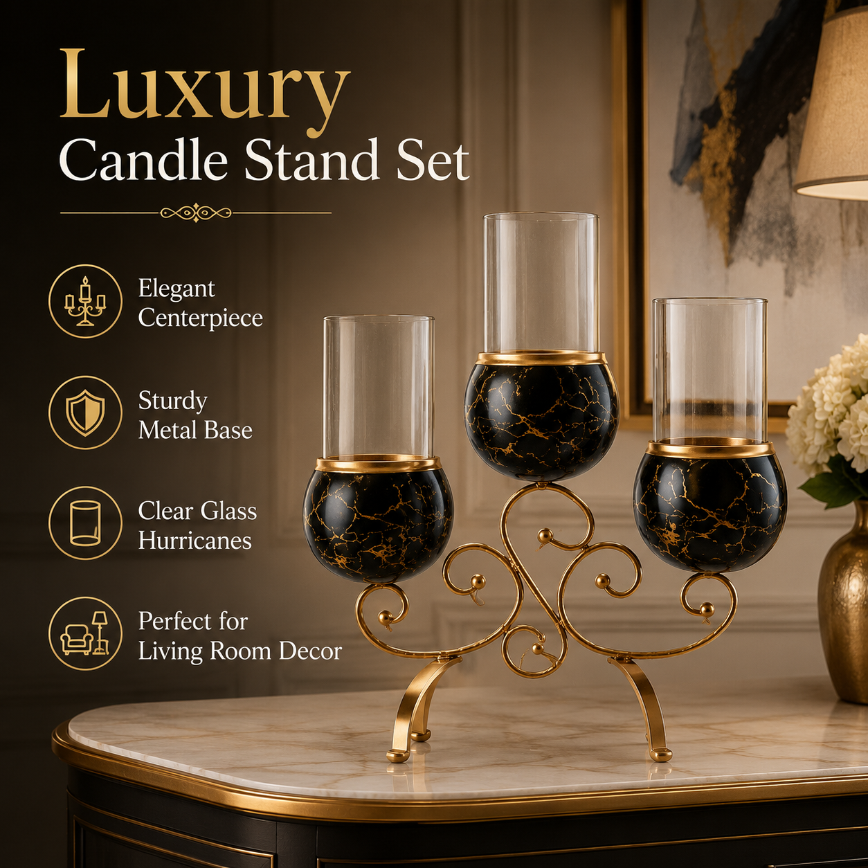 3 Cup Decorative Candle Stand with Glass Holders – Black & Gold Metal Candle Holder for Home Decor, Table Centerpiece & Gift - Image 4