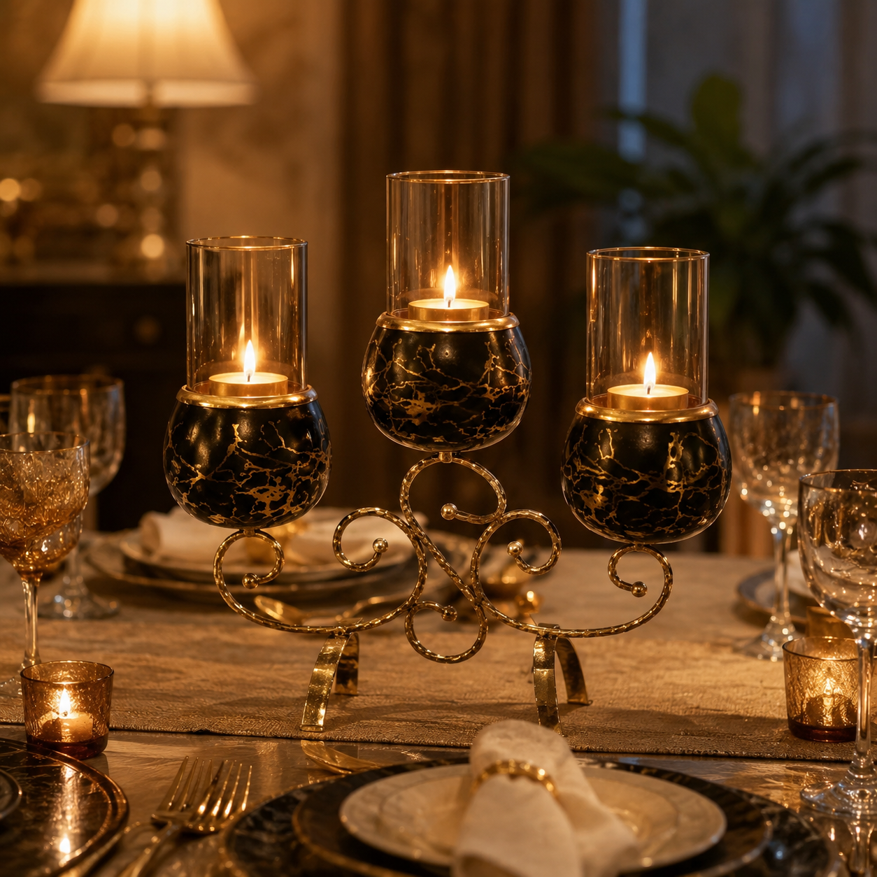 3 Cup Decorative Candle Stand with Glass Holders – Black & Gold Metal Candle Holder for Home Decor, Table Centerpiece & Gift - Image 6