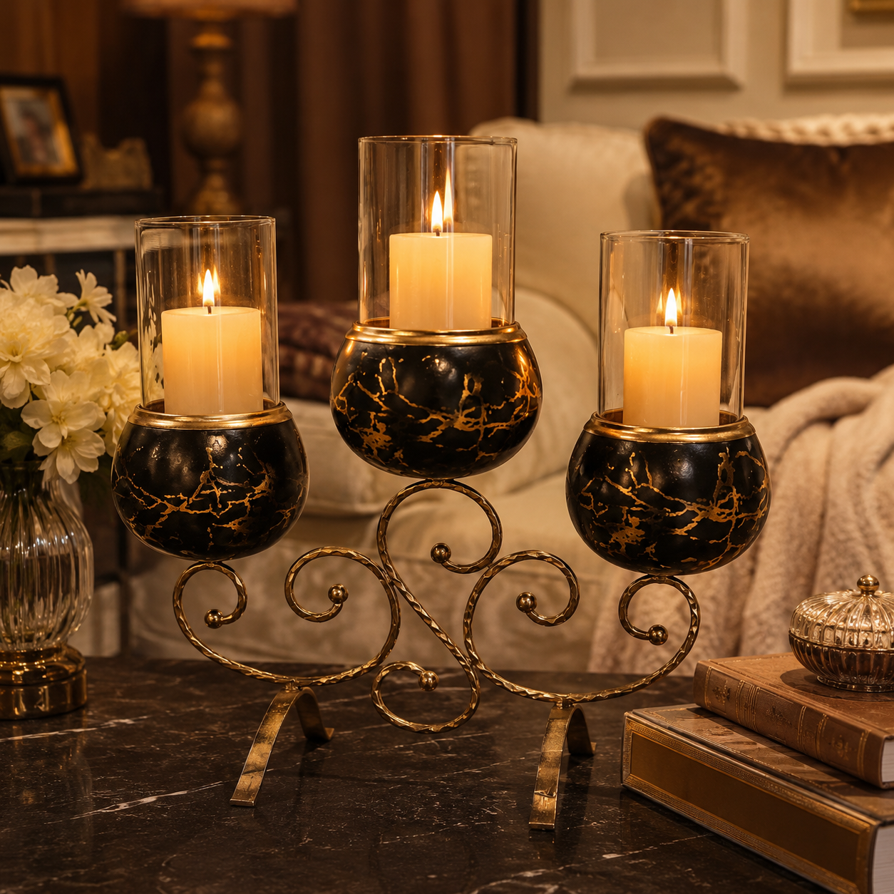 3 Cup Decorative Candle Stand with Glass Holders – Black & Gold Metal Candle Holder for Home Decor, Table Centerpiece & Gift - Image 2