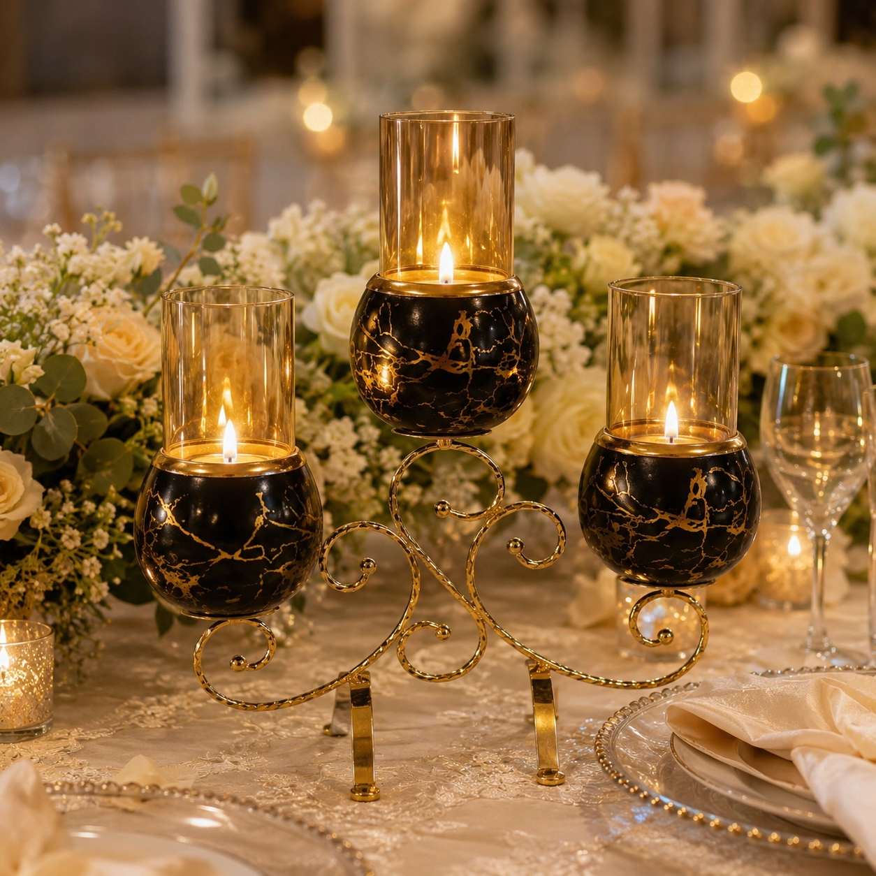 3 Cup Decorative Candle Stand with Glass Holders – Black & Gold Metal Candle Holder for Home Decor, Table Centerpiece & Gift - Image 5