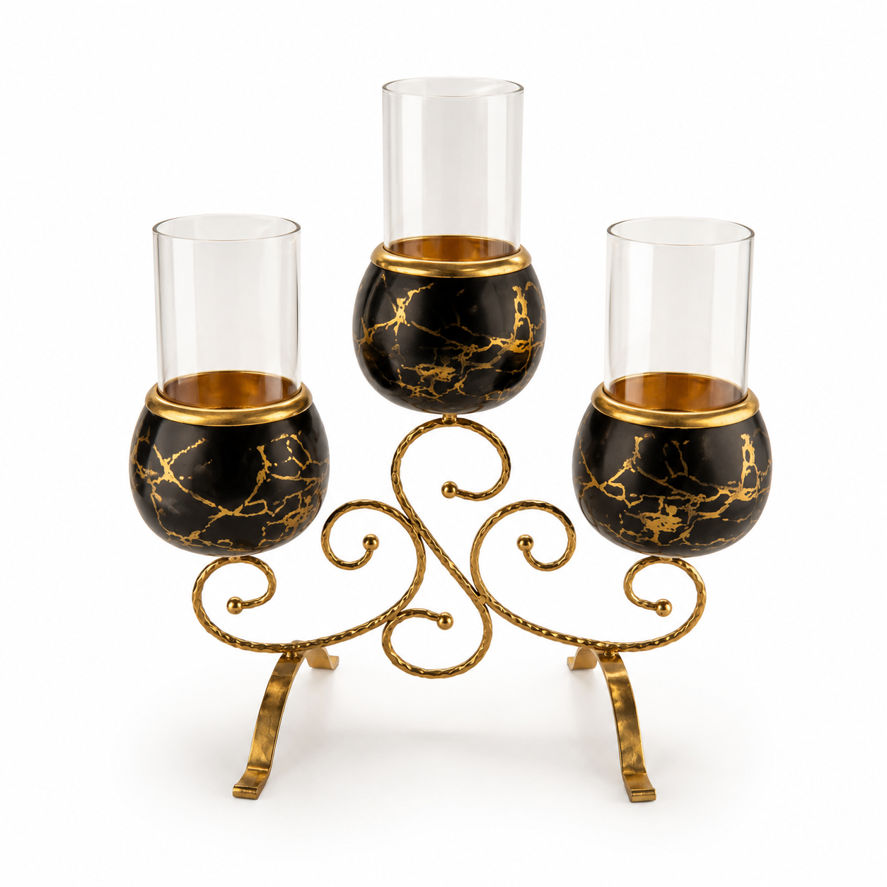 3 Cup Decorative Candle Stand with Glass Holders – Black & Gold Metal Candle Holder for Home Decor, Table Centerpiece & Gift