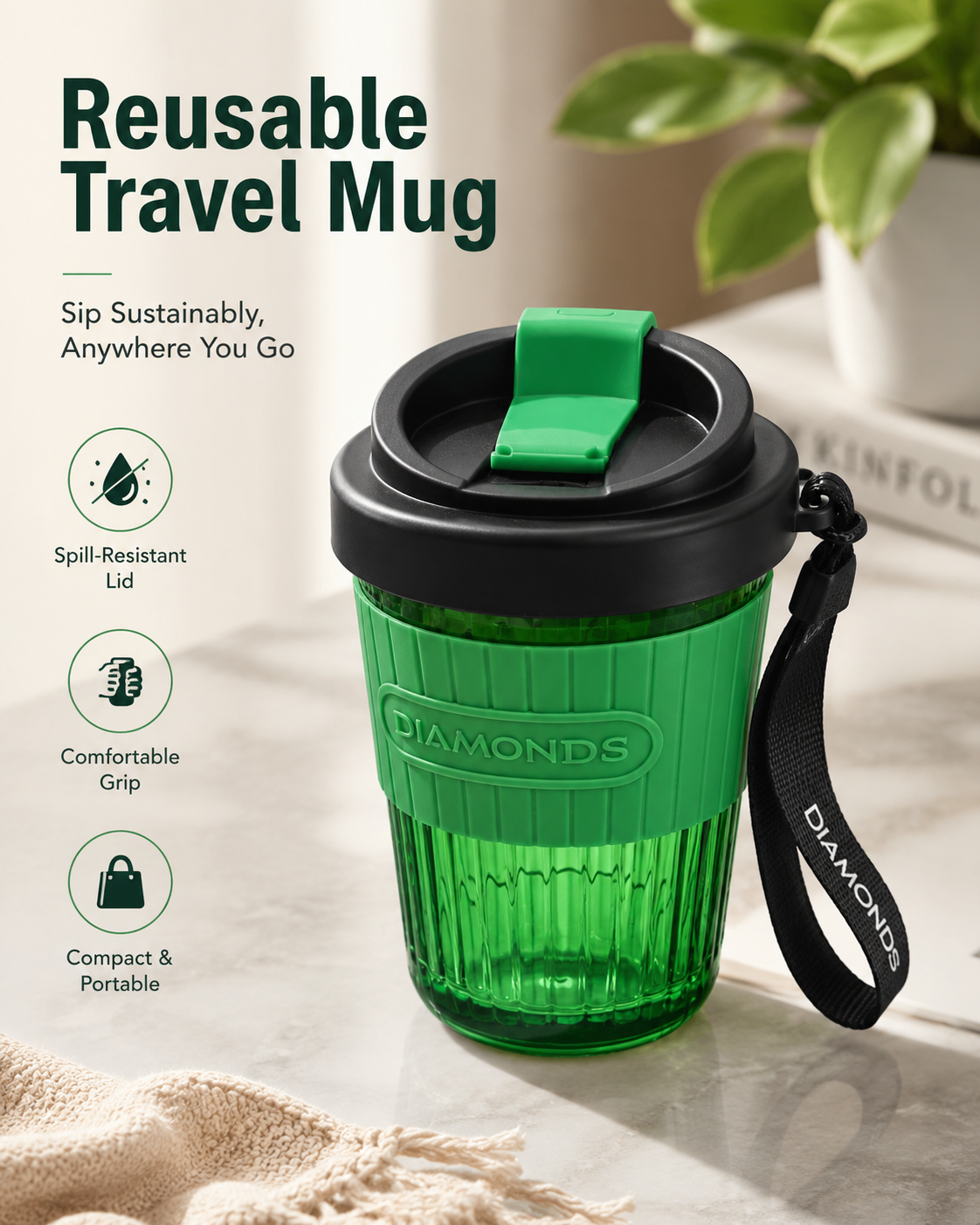 Diamond Design Travel Tumbler Cup with Lid & Strap – Portable Plastic Drinking Cup for Water, Juice, Coffee & Cold Drinks – Flip Lid Cup for Office, School, Gym & Travel – Assorted Color - Image 2
