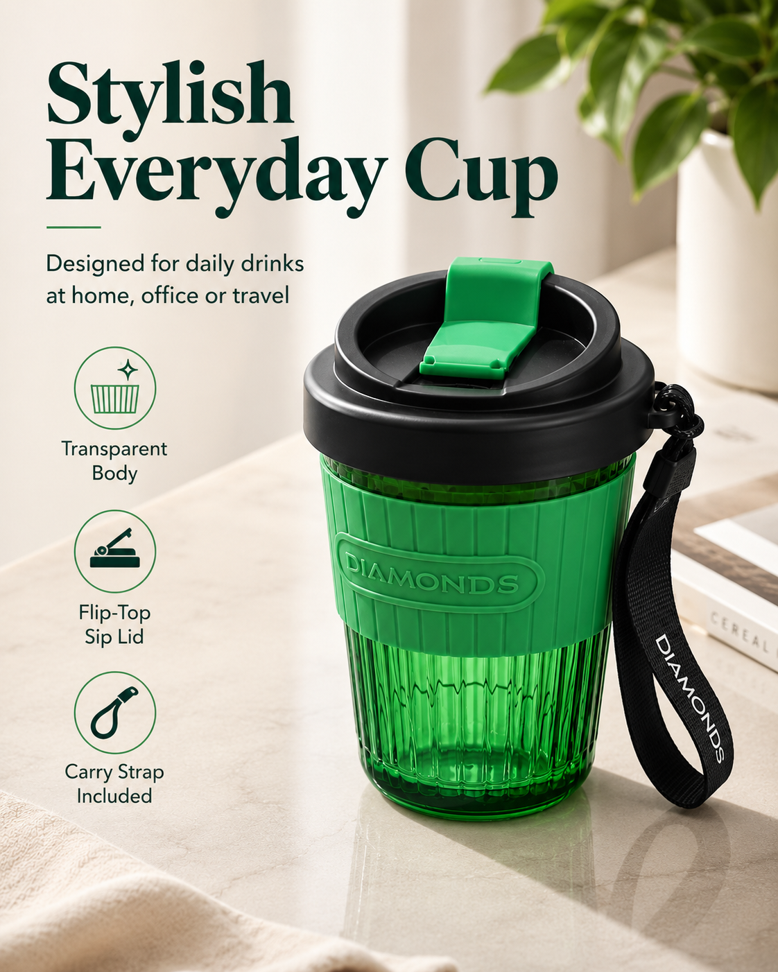 Diamond Design Travel Tumbler Cup with Lid & Strap – Portable Plastic Drinking Cup for Water, Juice, Coffee & Cold Drinks – Flip Lid Cup for Office, School, Gym & Travel – Assorted Color - Image 6