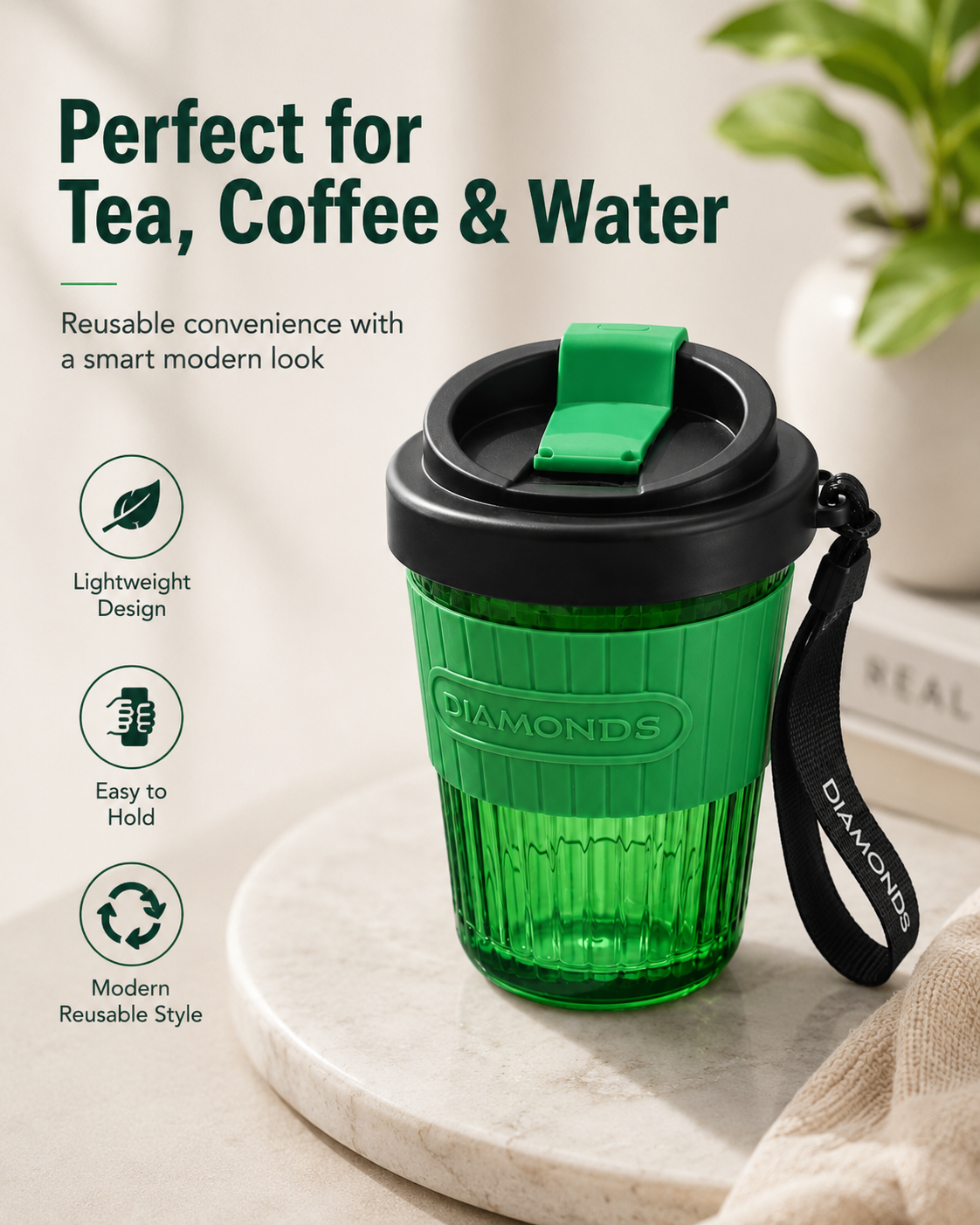 Diamond Design Travel Tumbler Cup with Lid & Strap – Portable Plastic Drinking Cup for Water, Juice, Coffee & Cold Drinks – Flip Lid Cup for Office, School, Gym & Travel – Assorted Color - Image 7