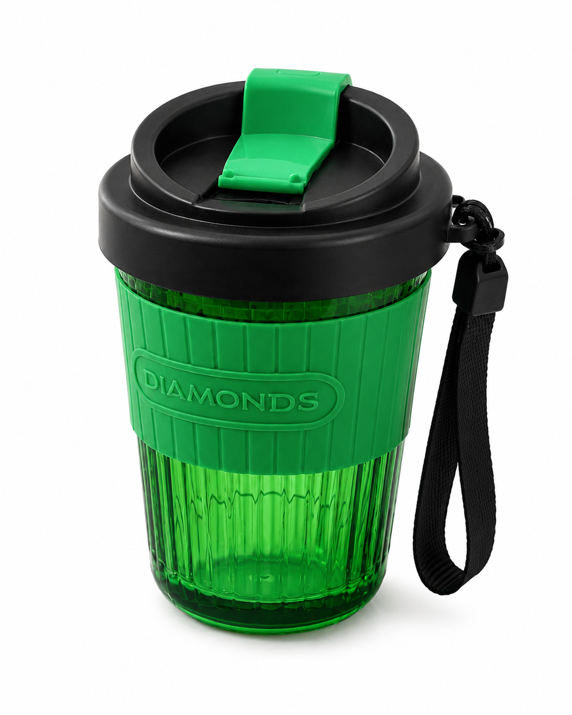 Diamond Design Travel Tumbler Cup with Lid & Strap – Portable Plastic Drinking Cup for Water, Juice, Coffee & Cold Drinks – Flip Lid Cup for Office, School, Gym & Travel – Assorted Color