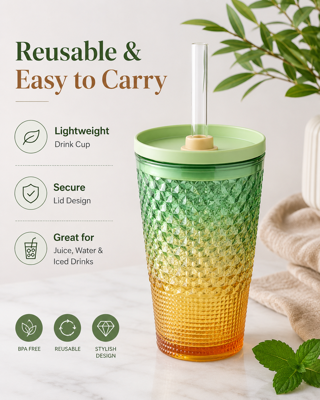 Diamond Texture Tumbler Cup with Straw & Lid – Reusable Acrylic/Plastic Drinking Cup for Water, Juice, Iced Coffee, Smoothies & Cold Drinks – Assorted Colors - Image 6