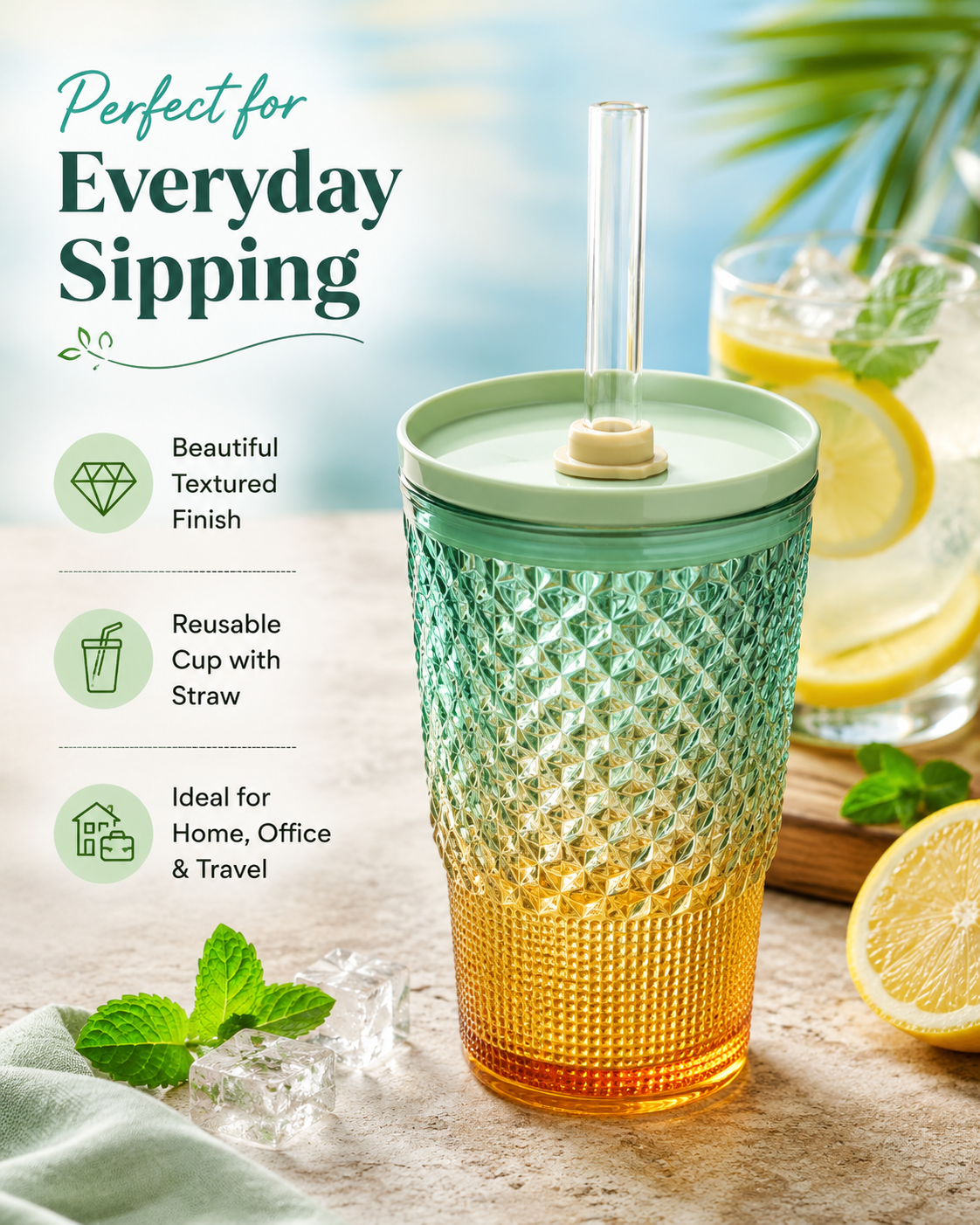 Diamond Texture Tumbler Cup with Straw & Lid – Reusable Acrylic/Plastic Drinking Cup for Water, Juice, Iced Coffee, Smoothies & Cold Drinks – Assorted Colors - Image 4