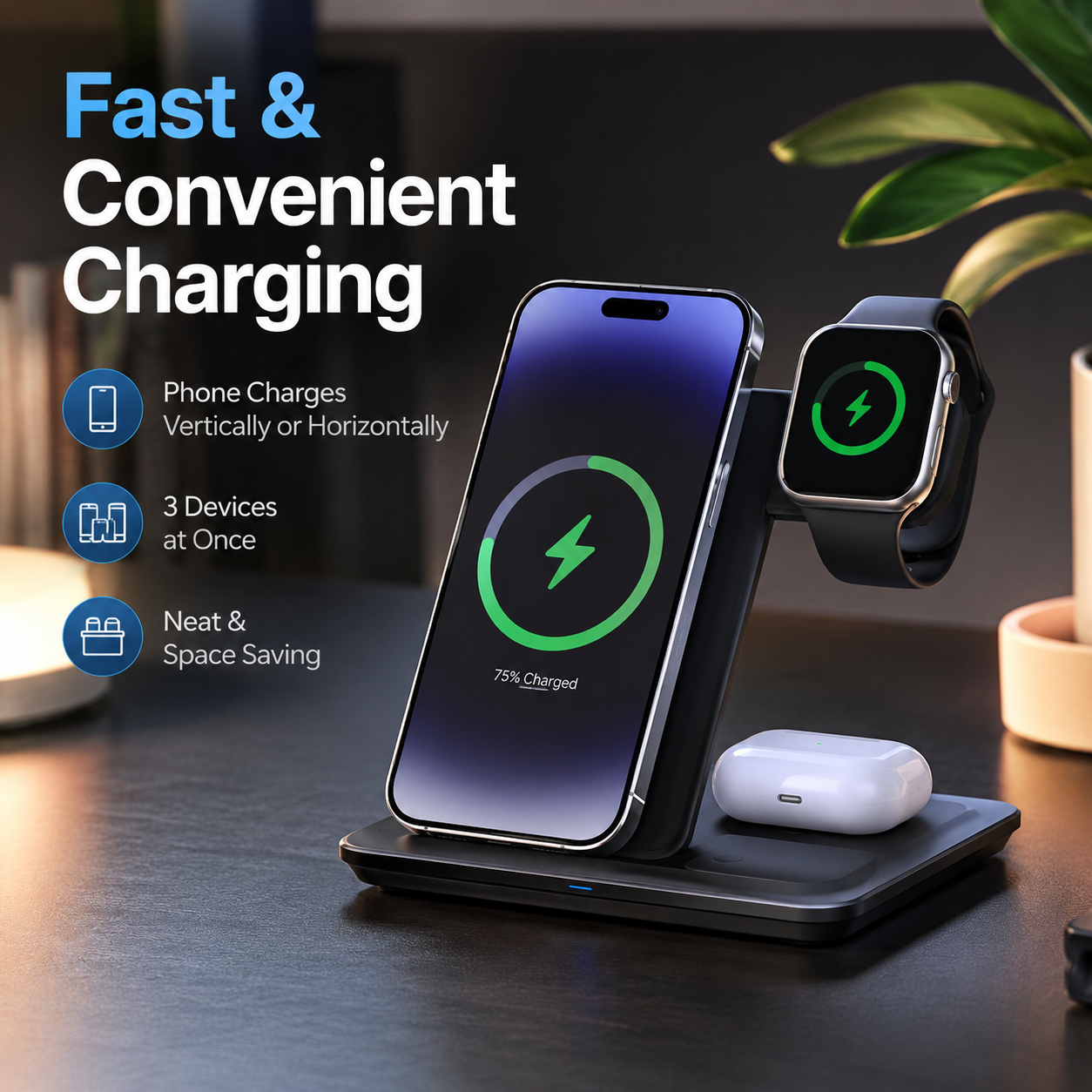 3 in 1 Wireless Charger Stand – Foldable Charging Dock for Mobile Phone, Smart Watch & Earbuds, Horizontal & Vertical Wireless Charging Station - Image 2