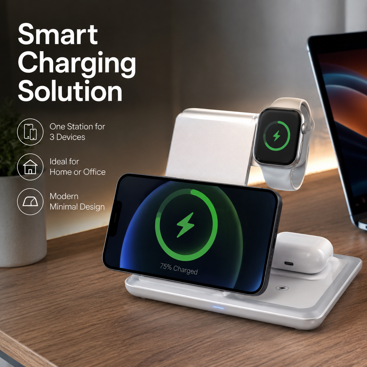 3 in 1 Wireless Charger Stand – Foldable Charging Dock for Mobile Phone, Smart Watch & Earbuds, Horizontal & Vertical Wireless Charging Station - Image 3