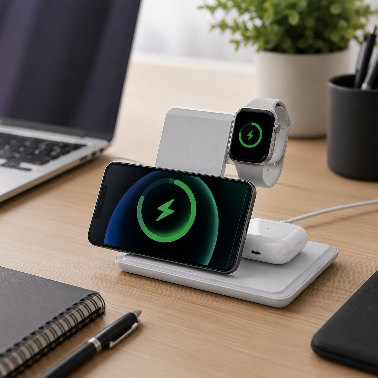 3 in 1 Wireless Charger Stand – Foldable Charging Dock for Mobile Phone, Smart Watch & Earbuds, Horizontal & Vertical Wireless Charging Station - Image 4