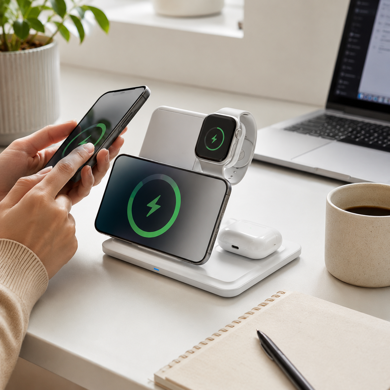 3 in 1 Wireless Charger Stand – Foldable Charging Dock for Mobile Phone, Smart Watch & Earbuds, Horizontal & Vertical Wireless Charging Station - Image 7