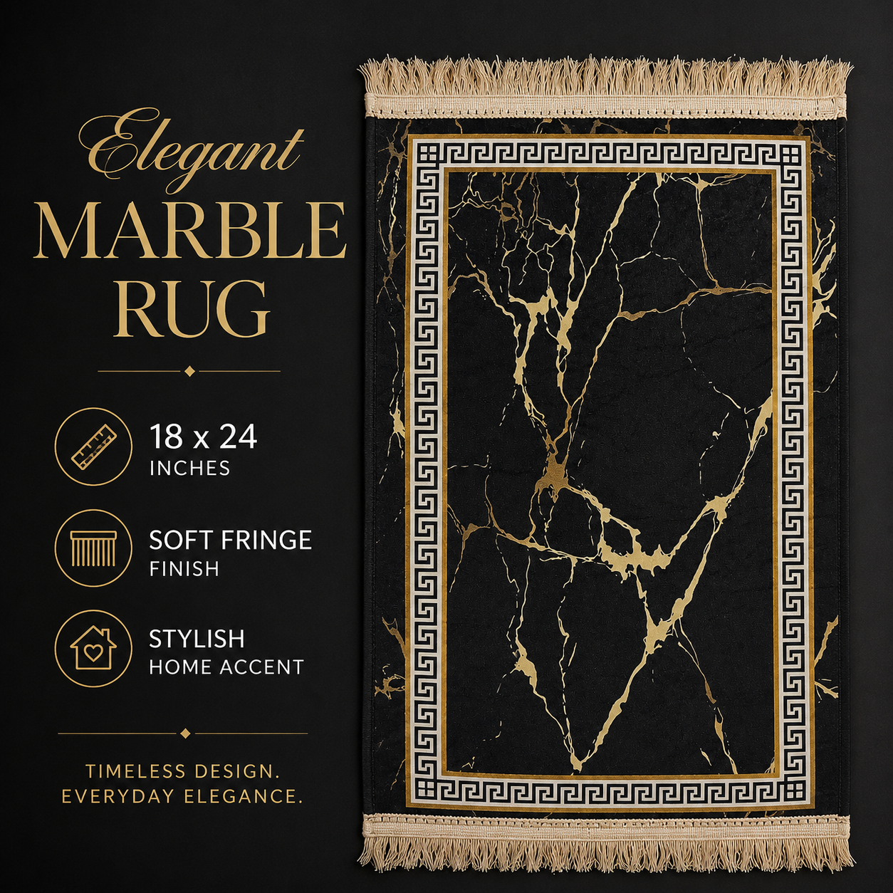 Small Marble Design Carpet Rug 18x24 Inch – Black & Gold Mini Decorative Mat with Fringe Border for Room, Bedside, Door Side & Home Décor - Image 7