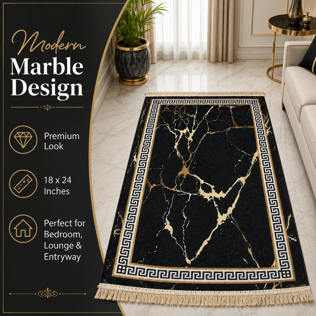Small Marble Design Carpet Rug 18x24 Inch – Black & Gold Mini Decorative Mat with Fringe Border for Room, Bedside, Door Side & Home Décor - Image 6