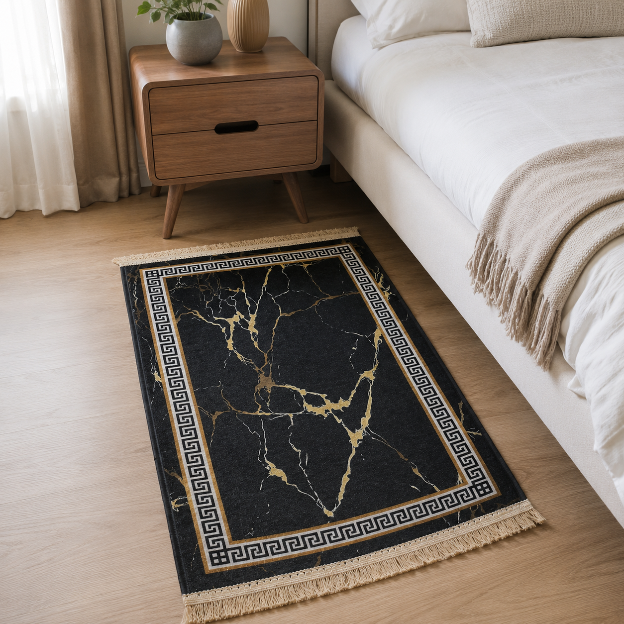 Small Marble Design Carpet Rug 18x24 Inch – Black & Gold Mini Decorative Mat with Fringe Border for Room, Bedside, Door Side & Home Décor - Image 3