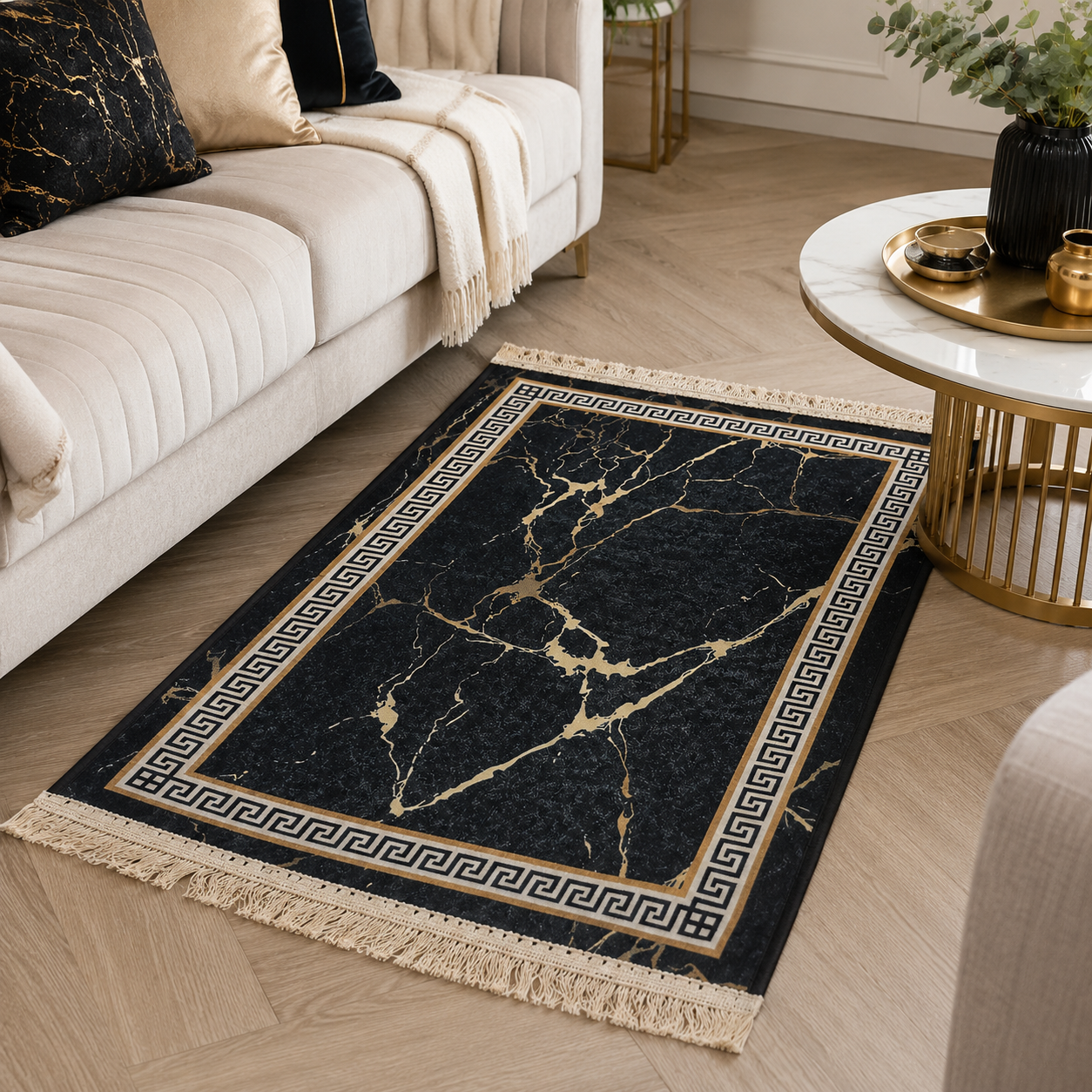 Small Marble Design Carpet Rug 18x24 Inch – Black & Gold Mini Decorative Mat with Fringe Border for Room, Bedside, Door Side & Home Décor - Image 4