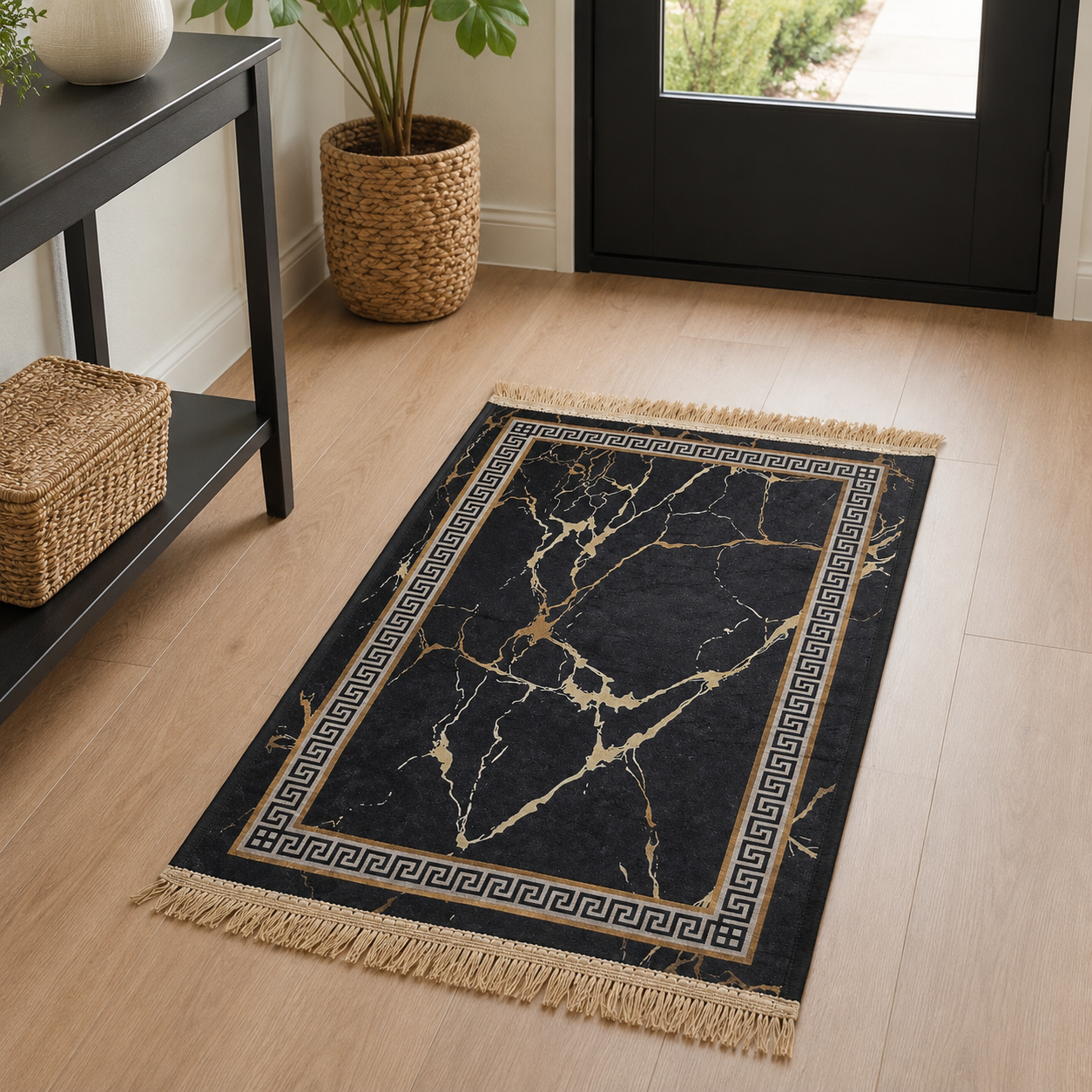 Small Marble Design Carpet Rug 18x24 Inch – Black & Gold Mini Decorative Mat with Fringe Border for Room, Bedside, Door Side & Home Décor - Image 2