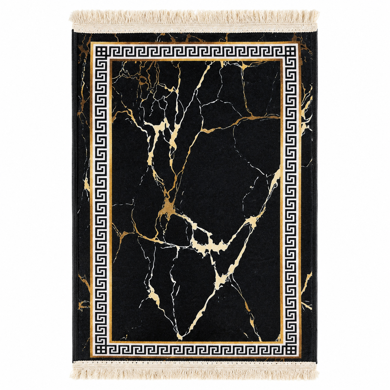 Small Marble Design Carpet Rug 18x24 Inch – Black & Gold Mini Decorative Mat with Fringe Border for Room, Bedside, Door Side & Home Décor