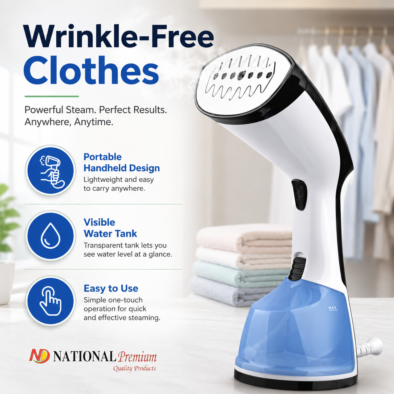 National Premium GS-304 Handheld Garment Steamer – Portable Clothes Steam Iron for Wrinkle Free Clothes, Curtains, Suits, Dresses & Home Use - Image 5