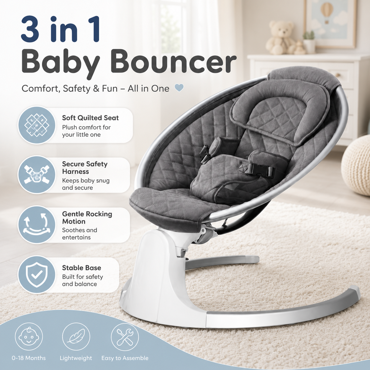 3-in-1 Deluxe Multifunctional Baby Bassinet and Rocker – Adjustable Infant Bouncer with Safety Harness and Hanging Toys - Image 2