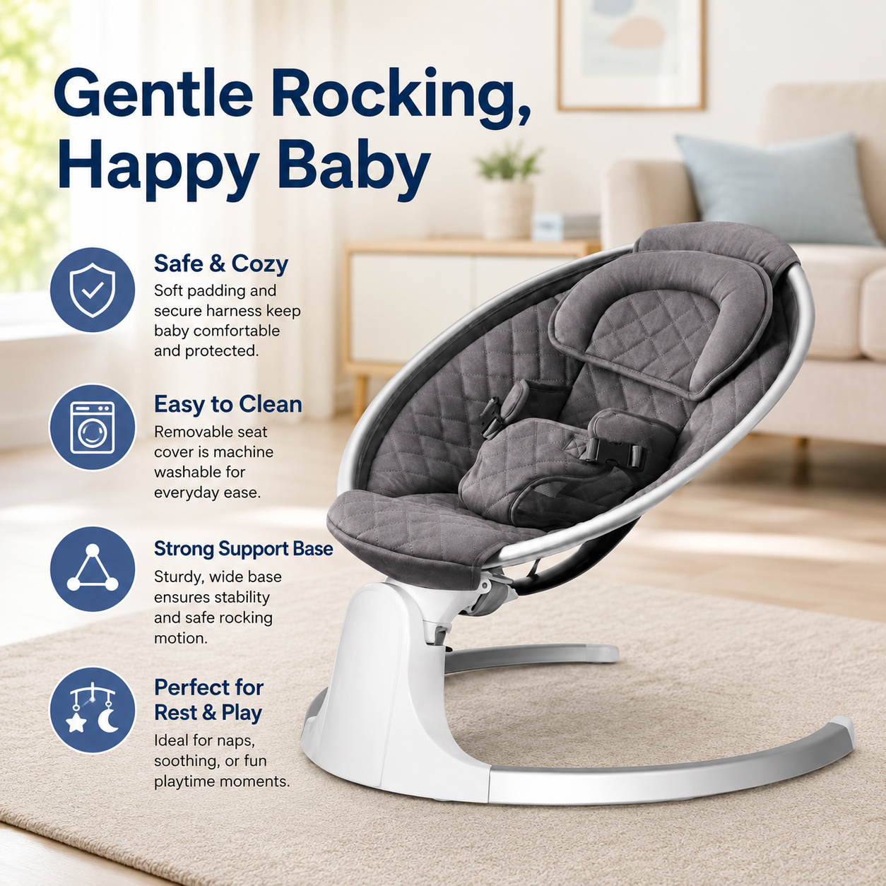 3-in-1 Deluxe Multifunctional Baby Bassinet and Rocker – Adjustable Infant Bouncer with Safety Harness and Hanging Toys - Image 5
