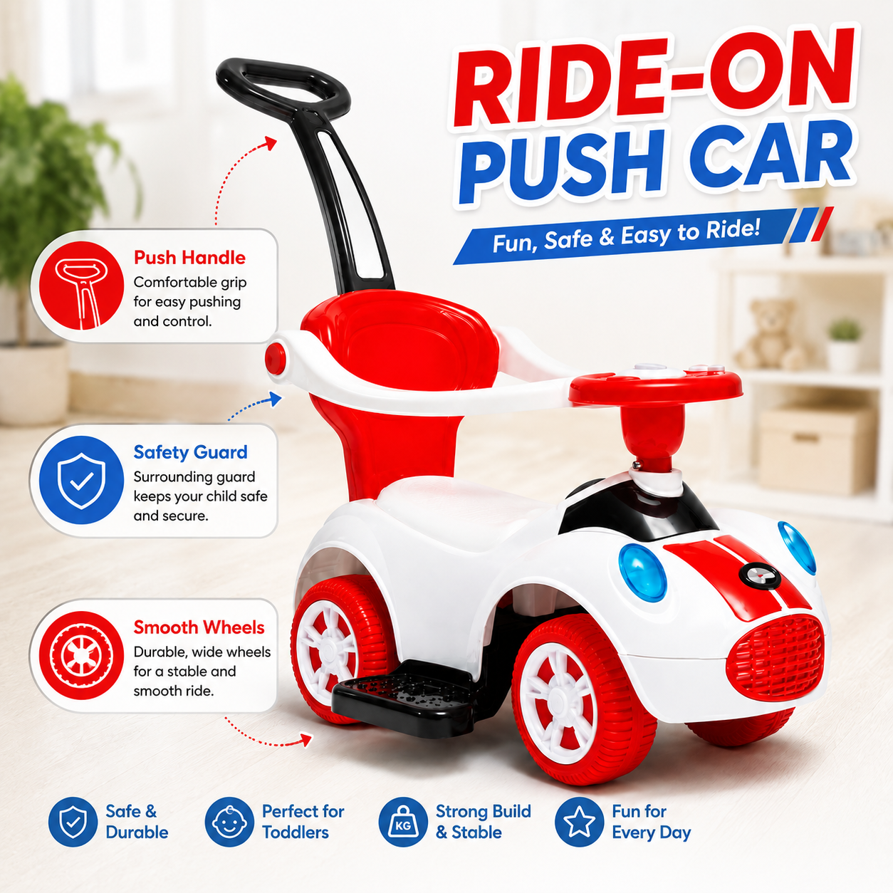 Kids Ride-On Push Car with Parent Handle and Footrests – Red & White - Image 2