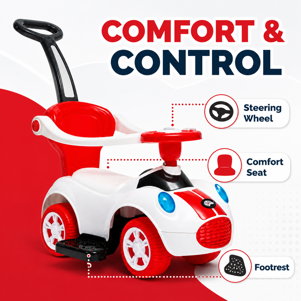 Kids Ride-On Push Car with Parent Handle and Footrests – Red & White - Image 3