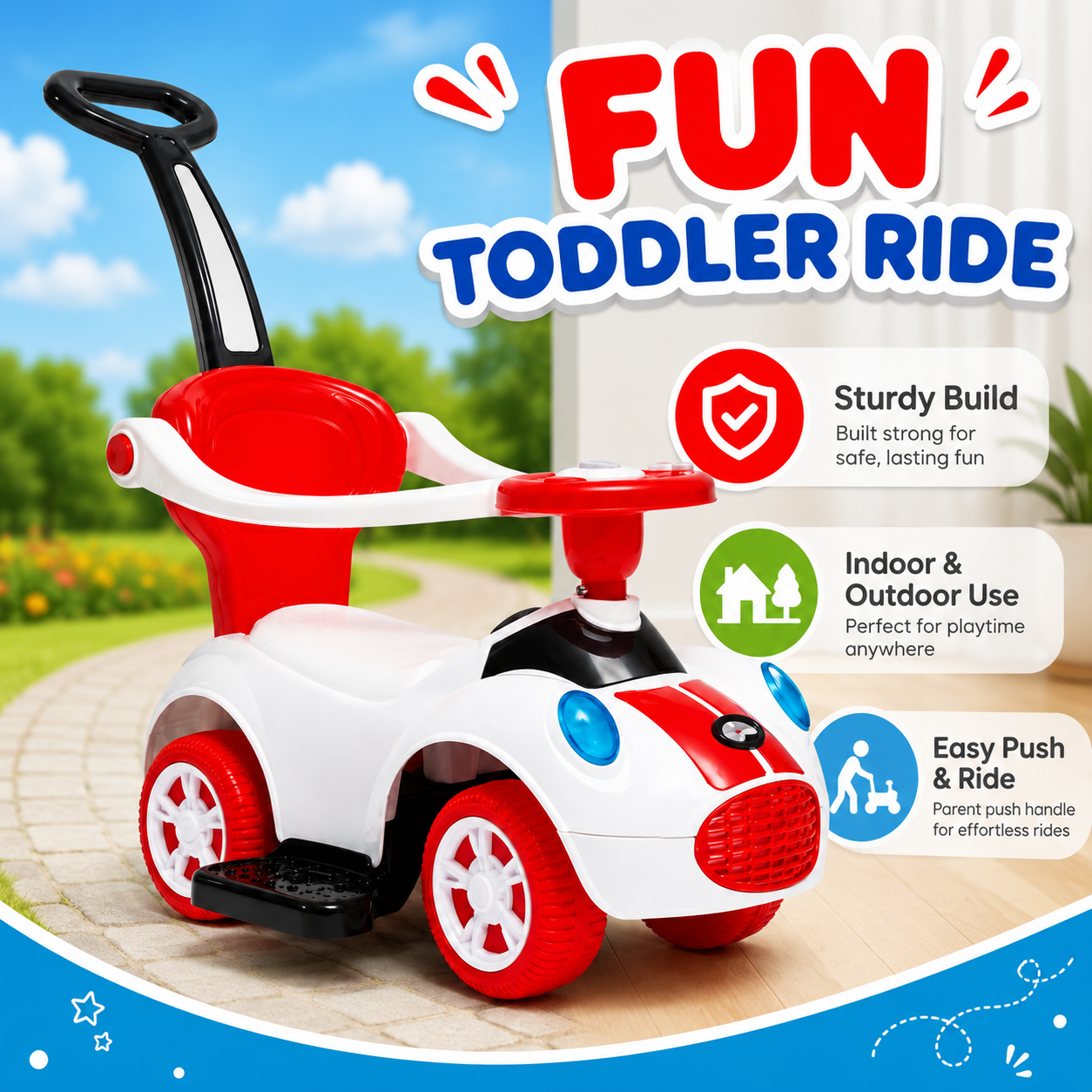 Kids Ride-On Push Car with Parent Handle and Footrests – Red & White - Image 6
