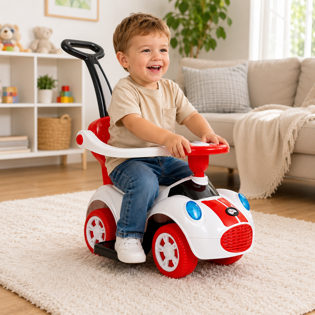 Kids Ride-On Push Car with Parent Handle and Footrests – Red & White - Image 5