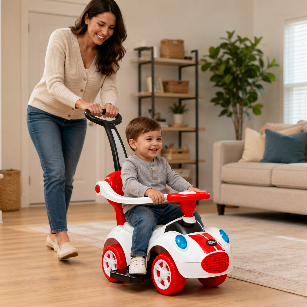 Kids Ride-On Push Car with Parent Handle and Footrests – Red & White - Image 4