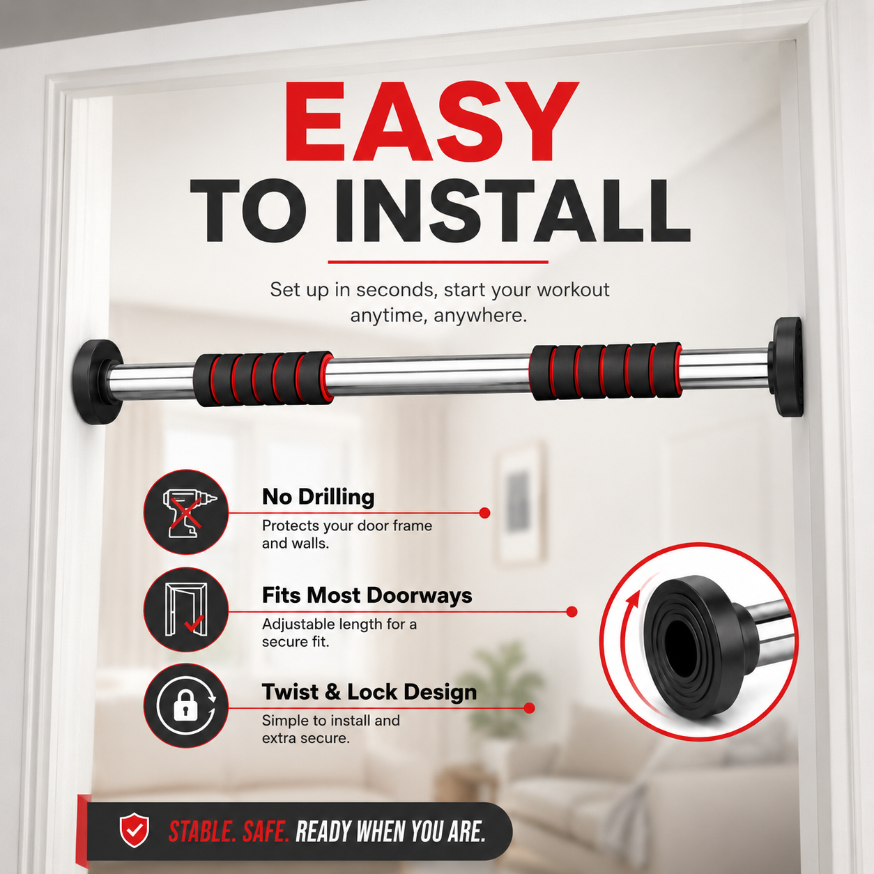Adjustable Doorway Pull-Up Bar with Foam Grips – No-Drill Home Gym Bar - Image 8