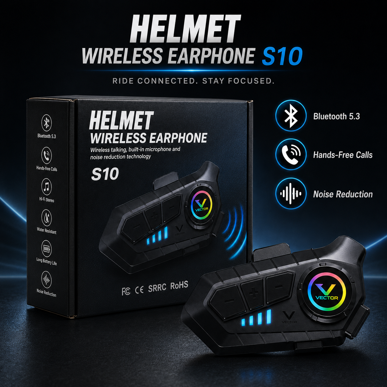 Vector Motorcycle Helmet Bluetooth Headset – Wireless Earphone with Microphone, Hands-Free Calling, Music and Noise Reduction - Image 7
