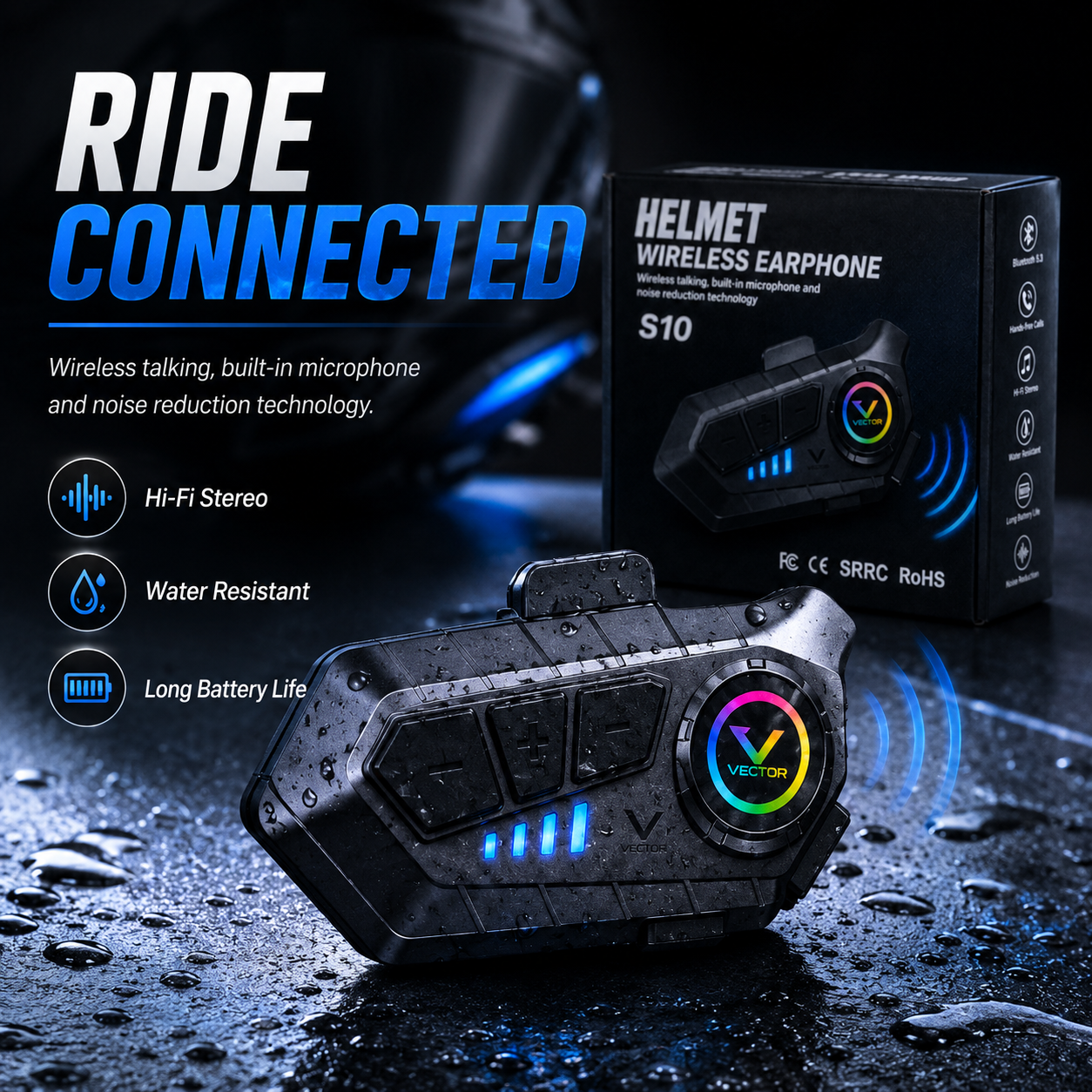 Vector Motorcycle Helmet Bluetooth Headset – Wireless Earphone with Microphone, Hands-Free Calling, Music and Noise Reduction - Image 8