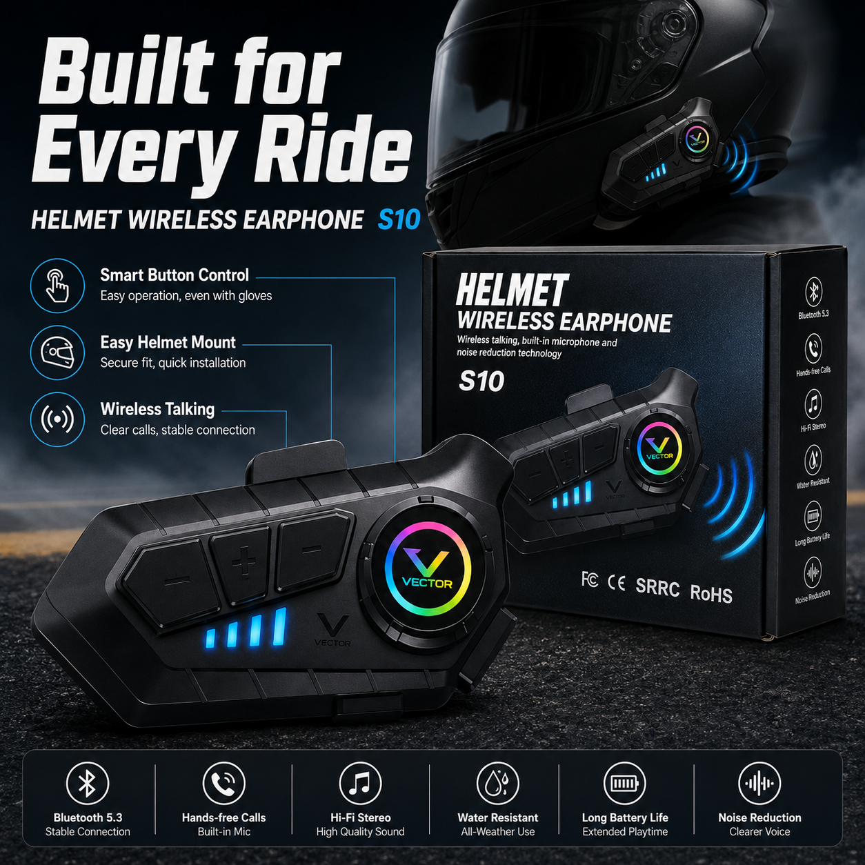 Vector Motorcycle Helmet Bluetooth Headset – Wireless Earphone with Microphone, Hands-Free Calling, Music and Noise Reduction - Image 2