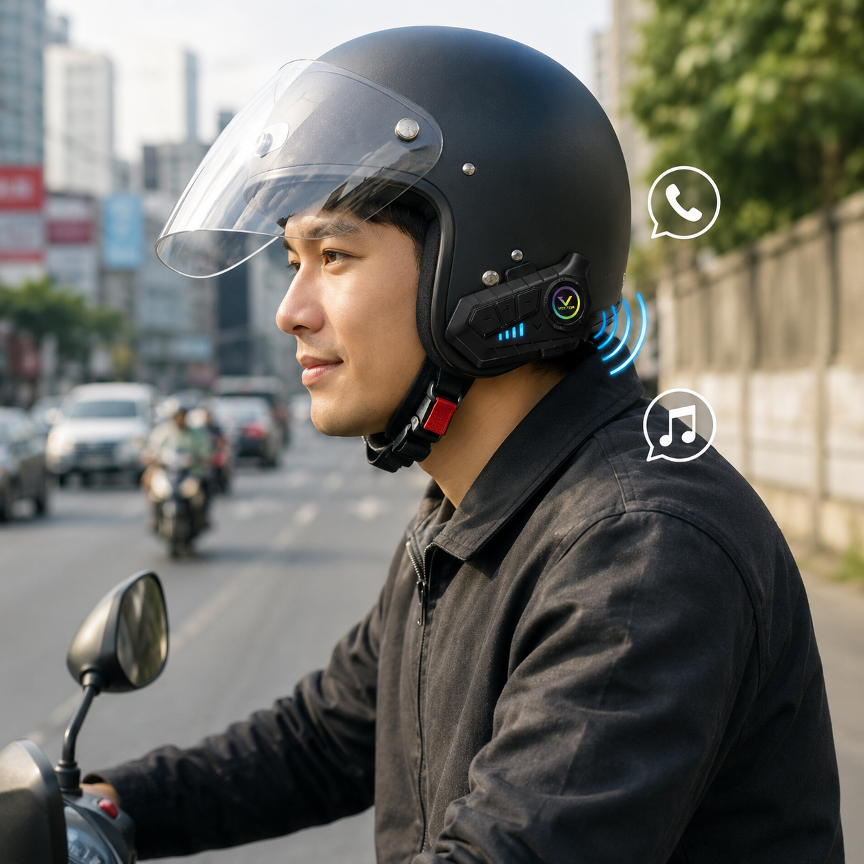 Vector Motorcycle Helmet Bluetooth Headset – Wireless Earphone with Microphone, Hands-Free Calling, Music and Noise Reduction - Image 4