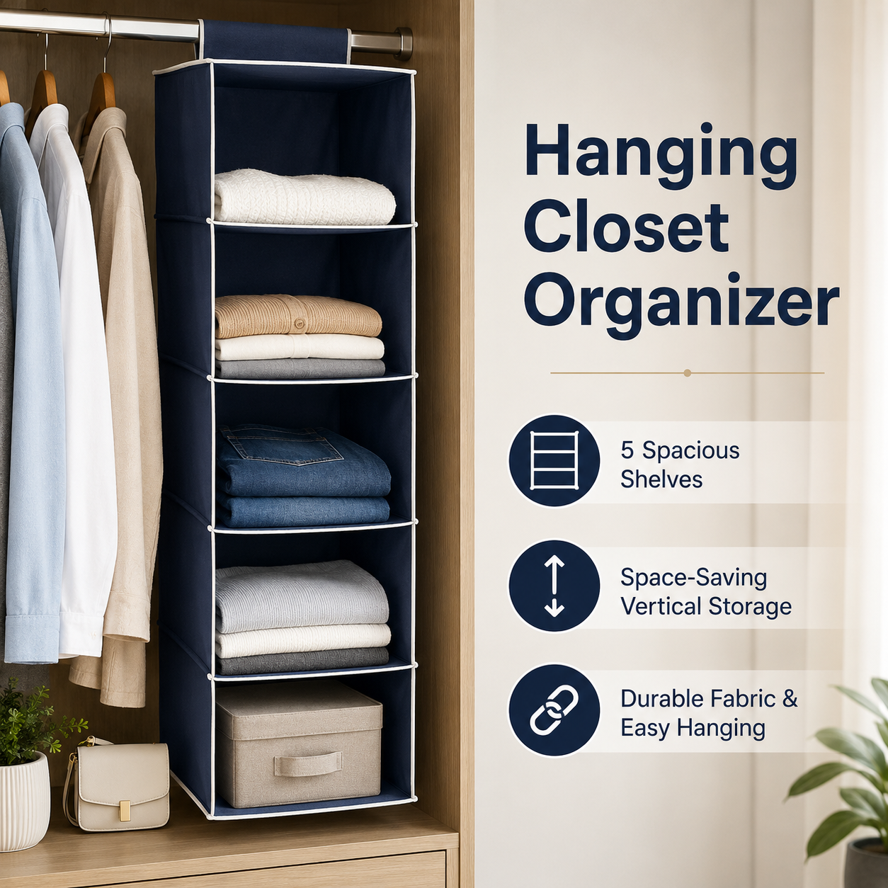 6-Shelf Hanging Closet Organizer – Foldable Fabric Wardrobe Storage Shelves for Clothes, Shoes and Accessories - Image 5