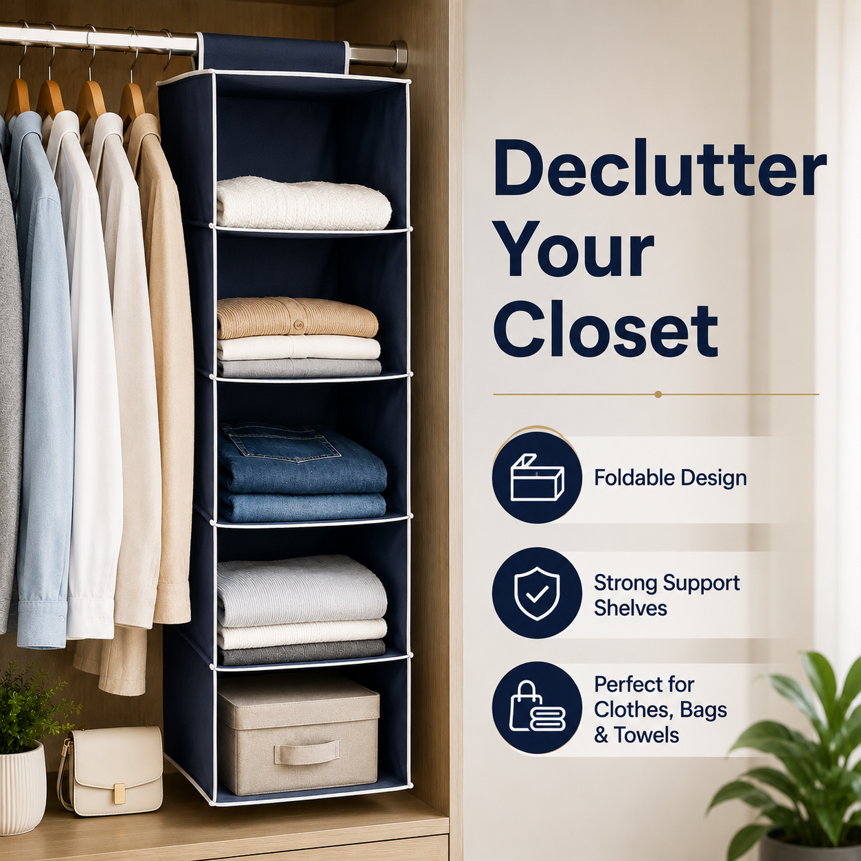 6-Shelf Hanging Closet Organizer – Foldable Fabric Wardrobe Storage Shelves for Clothes, Shoes and Accessories - Image 4