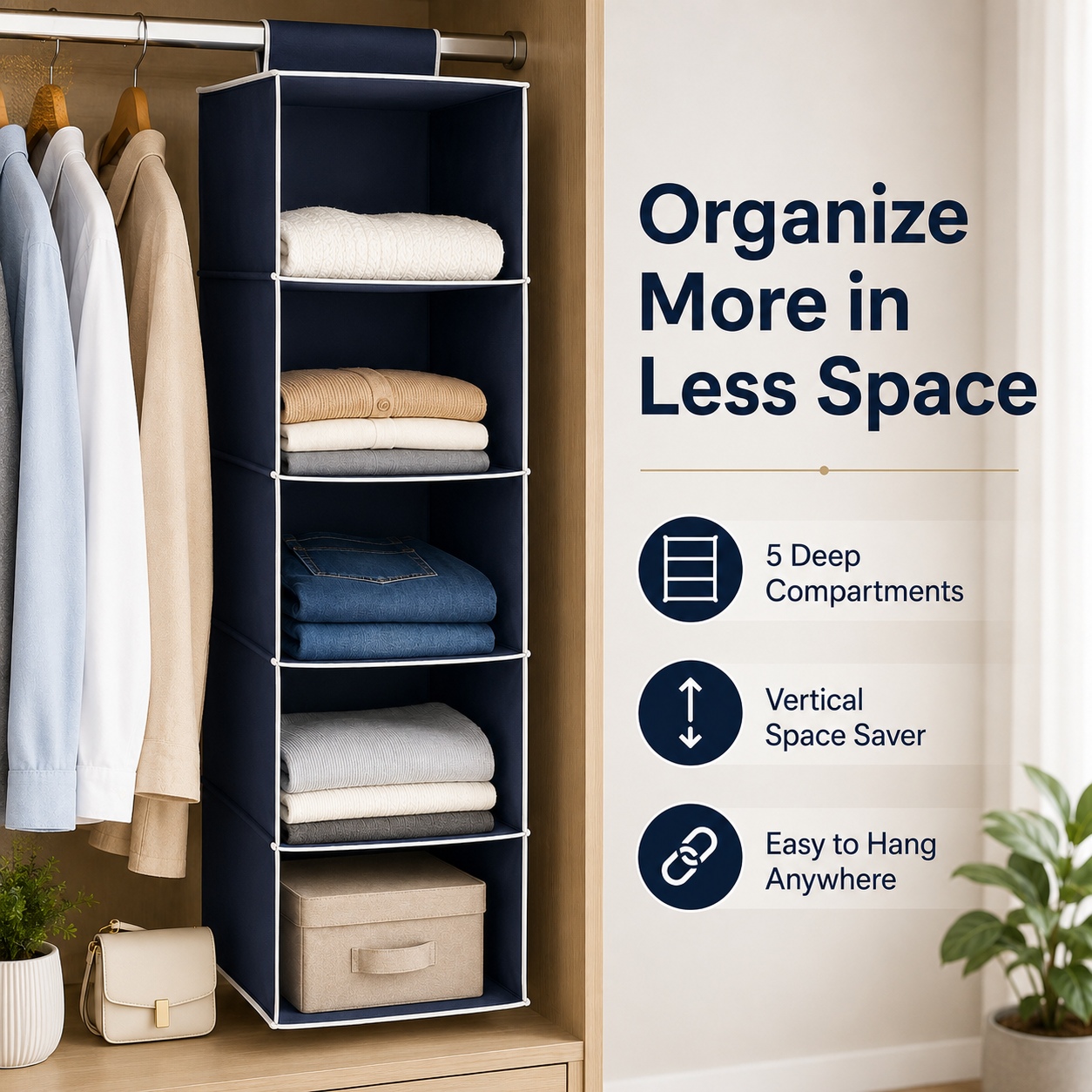 6-Shelf Hanging Closet Organizer – Foldable Fabric Wardrobe Storage Shelves for Clothes, Shoes and Accessories - Image 6